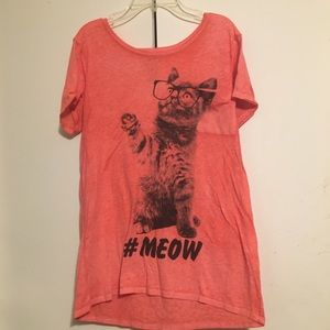 Junior Girl’s L Coral Hipster Cat w/ Glasses Shirt